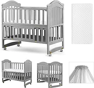 HARPPA Portable Mini Baby Crib 6-in-1 Convertible, Includes Mattress and Mosquito Net, Bedside Sleeper for Newborn Infants to Toddlers, Gray