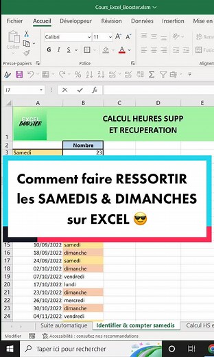 Découvre comment identifier les samedis et dimanche avec la mise en forme conditionnelle et nb.si() sur Excel. #astuceexcel #formationexcel #apprendreexcel #excelfrancais