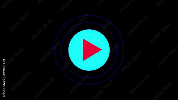 Video player button icon with radio waves animation, music play button animation.