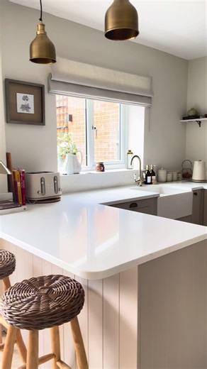 Wren shaker kitchen in cashmere, quartz worktops. Walls painted in Slaked Lime Mid. #cashmerekitchen #neutralhome #openplankitchen #kitcheninspo