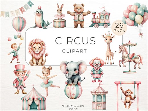 Watercolor Circus Clipart Pack - 26 Whimsical Animals, Clown & Pastel Circus Tent Pngs - Kids Birthday and Nursery Designs - Etsy
