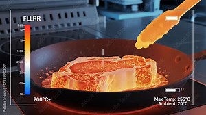 Thermal Imaging of Steak Cooking in a Pan with Tongs, Showing Heat Distribution and Temperature Readings.