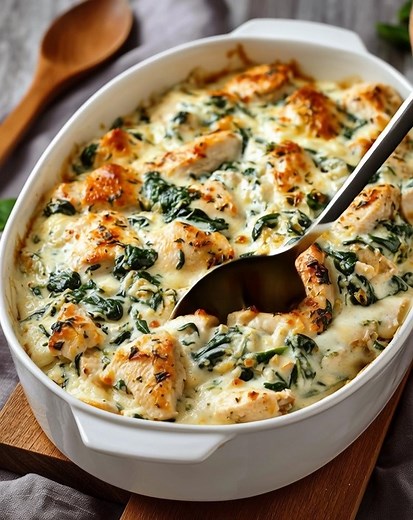 Creamy Chicken and Spinach Casserole Ingredients • Cooked chicken breast, shredded or cubed (3 cups) • Fresh spinach, roughly chopped (4 cups) • Cream cheese, softened (8 oz) • Heavy cream (1 cup) ...... Full Recipe in Coʍmеոτ 💬 | Ella Recipes
