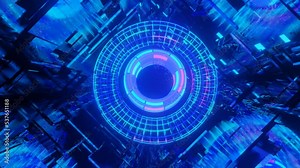 torus. 3d object or structure rotates and moves inside glass mirror tunnel with neon light, bright reflections. Fantastic abstract bg looped in 4k. Vj for show. Sci fi bg fly through hi tech tunnel