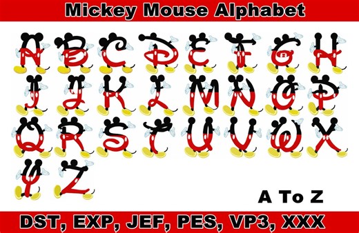 Mickey Mouse Embroidery Alphabet A-z (digital File - Pes, Jef, Dst, Vp3, Exp, Xxx) - Etsy