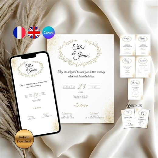 Gold Chic Wedding Invitation Bundle With Invitations, Dinner Invitations, Brunch Invitations, RSVP Cards, Thank You Cards, and Bonus Customizable Welcome Signs. - Etsy