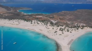 Aerial view of Simos beach in Elafonisos island in Greece. Elafonisos is a small Greek island the Peloponnese with idyllic exotic beaches and crystal clear waters. Laconia, Greece, Europe