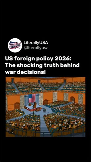 Literally USA on Instagram: "This video is a satirical clip from the animated series Family Guy, edited with a meme-style overlay to frame it as commentary on U.S. foreign policy in 2026, using exaggerated humor to critique political decision-making. The scene is set in a formal political environment resembling a congressional hearing or international summit, with a speaker at a podium addressing a room full of suited officials. The speaker states that there is no just cause for an invasion of I