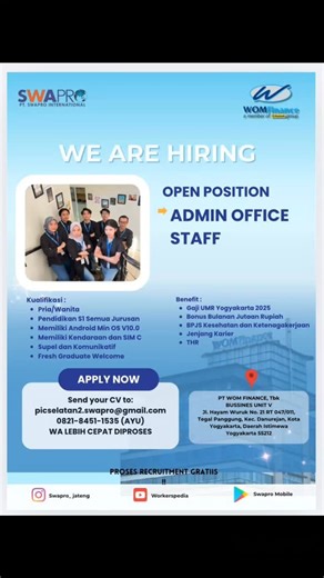 LOKER JOGJA | Lowongan Kerja Yogyakarta, Magelang, Klaten, Solo on Instagram: "URGENT LOWONGAN KERJA PT WOM FINANCE, Tbk. Business Unit Regional YOGYAKARTA *URGENT POSISI:* *ADMIN OFFICE STAFF* ‼️KUALIFIKASI ADA DI POSTER ‼️SILAKAN LANGSUNG KIRIM CV DI WA (tanpa CV, WA tidak dibalas.) *KHUSUS DOMISILI YOGYAKARTA KARENA AKAN DIPANGGIL INTERVIEW BESOK SENIN JIKA MEMENUHI KUALIFIKASI* ---------- Silahkan share siapa tahu ada yang sangat membutuhkan pekerjaan ini follow @infolokerjogja.id untuk upda