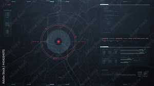 Futuristic security spy program interface. Dynamic modern HUD. GPS location tracking or scanning software. Red marker, indicator moving on map. Satellite view. Hi-tech. 3D Render 4K animation concept