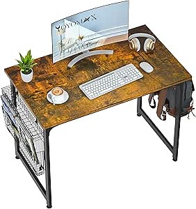 yoyomax, 36 Inch, Rustic Brown Computer, Home Office, Wood Simple Style Student Writing Desk, Study PC Table with Storage Basket and Headphone Hooks