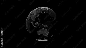 Rotating world globe from particles. HUD. Digital planet Earth. Abstract world map animation background. Seamless loop