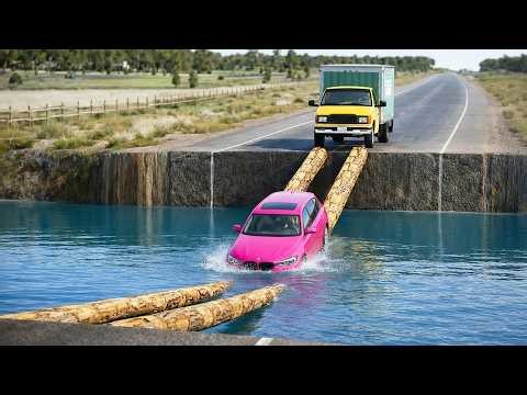 Cars vs Impossible Log Bridge Challenge #3 in BeamNG Drive!