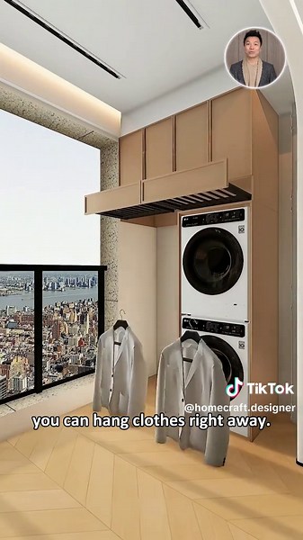 A drying rack is the lazy answer. This balcony becomes laundry, storage, a guest bed, a reading corner, and a home office. #balconydesign #smallapartment #laundryroom #hiddenstorage #guestbed #homeoffice #spacesavingdesign #customfurniture #homecraft