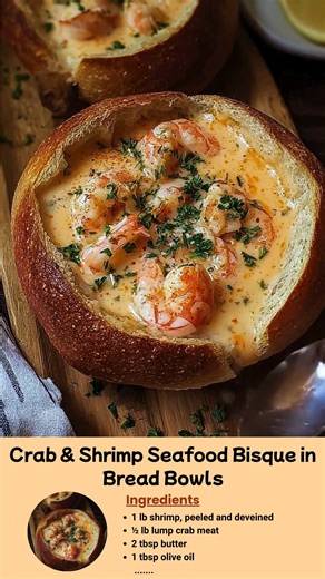 Crab & Shrimp Seafood Bisque in Bread Bowls Creamy, rich, and packed with coastal flavor — this seafood bisque served in a warm bread bowl is pure comfort food perfection. The golden loaf holds a luscious blend of shrimp, crab, and velvety cream sauce that’ll make every bite unforgettable! Ingredients 1 lb shrimp, peeled and deveined ½ lb lump crab meat 2 tbsp butter 1 tbsp olive oil 1 small onion, finely chopped 2 cloves garlic, minced 2 tbsp all-purpose flour 3 cups seafood or chicken stock 1 