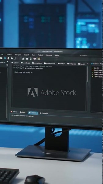 Vertical video Lines of code running on computer screens in data center, used for troubleshooting rackmounts in server rows. Close up shot of script working on PC monitors upgrading hardware