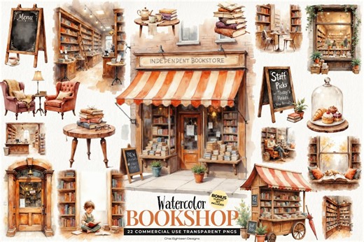 Bookstore Clipart Set: 22 Watercolor Book Lover Pngs, Digital Download - Etsy