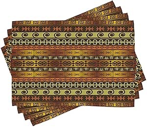 Ambesonne Prehistoric Place Mats Set of 4, Indigenous Geometric Motifs Ornament Traditional Tribal, Washable Fabric Placemats for Dining Table, Standard Size, Brown and Yellow