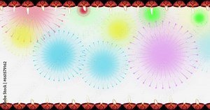 Animated motion graphics of Diwali oil lamp moving left and bottom right on white background and colorful fireworks in the middle.