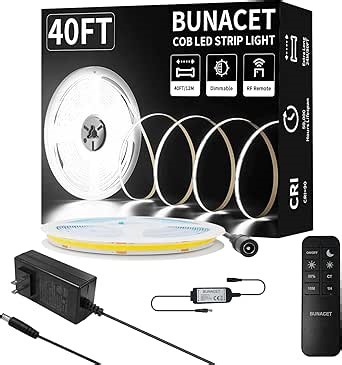 COB LED Strip Light 40ft/12m (1 Roll) Cool White 6500K High Lumen CRI 90+ with UL Listed Power Adapter RF Remote for Bedroom Counter Under Cabinet Kitchen Projects