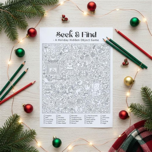Christmas Seek and Find Printable | Holiday Hidden Object Game | Xmas Activity Sheet for Kids & Adults | Coloring Page PDF - Etsy