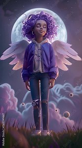 Heavenly 3D Animation Featuring Angel with Moon as Backdrop Created by Generative AI