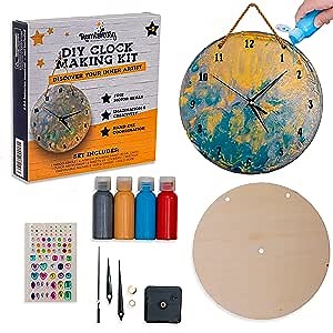 ROMI'S WAY DIY Clock kit w Round Wood, Acrylic Pouring Paint, Clock Mechanism – Kids Painting kit - Clock Kits for Do It Yourself - Unique Boys & Girls Arts and Crafts for Kids Ages 8-12 6-8 and up
