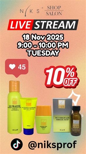 We’ll be livestreaming on 𝟭𝟴 𝗡𝗼𝘃 𝟮𝟬𝟮𝟱(𝗧𝘂𝗲𝘀𝗱𝗮𝘆), 𝟵:𝟬𝟬 𝗣𝗠– 𝟭𝟬:𝟬𝟬 𝗣𝗠! 💫 𝗘𝗻𝗷𝗼𝘆 𝟭𝟬% 𝗼𝗳𝗳 during our TikTok Livestream! ✨Plus * Every purchase: Get 1 FREE sachet * Spend above $150: Get 2 FREE sachets * Spend above $300: Get 3 FREE sachets Continue shopping to enjoy more freebies! For this Livestreaming, we have invited a loyal Niks customer to share with you her skincare journey with us over two decades. No celebrity with no knowledge of our products. No "professi