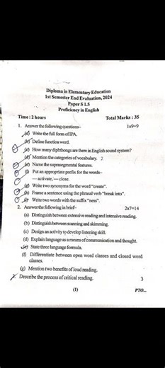 Deled 1st sem paper s 1.5 2024 final question paper || paper S1.5 || proficiency in English #deled