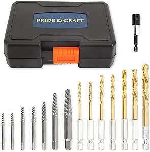PRIDE&CRAFT 15Pcs Screw Extractor Set, Easy Out Bolt Extractor and HSS Steel Cobalt Left Hand Drill Bit Kit, Stripped Screw Extractor with 1/4'' Adapter for Broken Bolts, Screws and Studs
