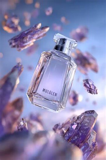 Kling 3.0 AI + Nano Banana Pro Prompt - A Mugler Alien perfume bottle levitating in a space-like void, with purple crystal shards orbiting around it, glowing white background, soft lighting from multiple angles, hyper-polished reflections, futuristic cinematic fragrance ad.