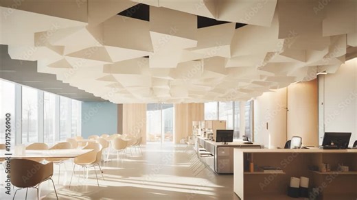 Spacious contemporary office showing open plan workspace and a collaborative area, featuring large windows and an artistic ceiling design creating a bright and airy environment