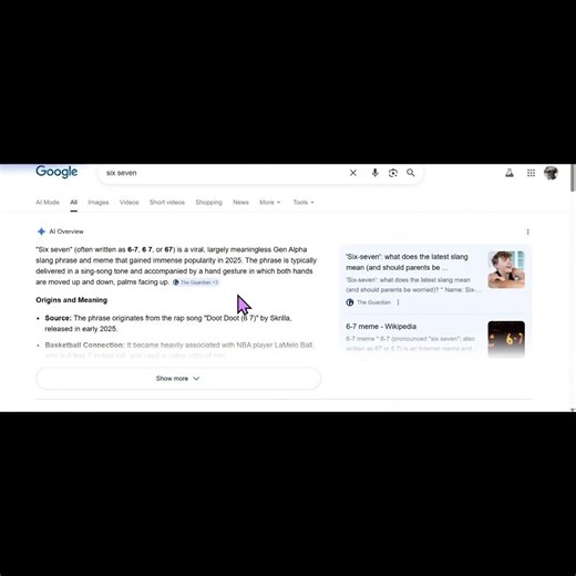 What happens if you search six seven on Google