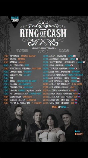 Ring Of Cash on Instagram: "🔥 RING OF CASH – TOUR 2026 🔥 Les premières dates sont là ! France 🇫🇷 • Japon 🇯🇵 • Serbie 🇷🇸 • La Réunion 🇷🇪 D'autres arrivent très bientôt 🤩 Pour nous programmer c'est par ici ⬇️ erwann@ragetour.com On vous voit sur la route ! 🤍🤍 #ringofcash #tour2026 #johnnycash #livemusic #concerts"