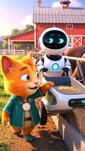 Modern Farming: Cat and Robot Feeding Cows