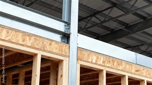 Medium shot capturing modular platform framing with precut studs and panels assembled quickly on a building structure.