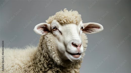 A close-up shot of a sheep's face showing its tongue out, suitable for use in illustrations, designs or education materials about farm animals