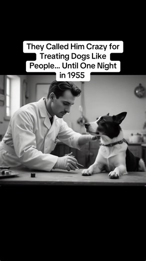 1955.\t In a quiet southern town, a young veterinarian named Dr. Hale became the subject of gossip. He spoke softly to animals, gave them blankets, even refused to put down a dog that couldn’t walk. “They’re just animals,” the townsfolk said. “He’s wasting his time.” But Dr. Hale didn’t listen. One night, a stray limped into his clinic — starved, mangy, and on the brink of death. He stayed awake for three days caring for her. When she finally stood and wagged her tail, he opened the clinic door 