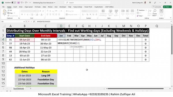 Tutorial: Distributing Days Over Monthly Intervals - Find out Working days (Excluding Weekends & Holidays) in #Excel =MAX(0,NETWORKDAYS(MAX(D$3,$B4),MIN(DATE(YEAR(D$3),MONTH(D$3) 1,0),$C4),$B$13:$B$31)) You can try & Share your solutions, Solve this via Power Query or Dynamic Array Formulas! | Excel Basement