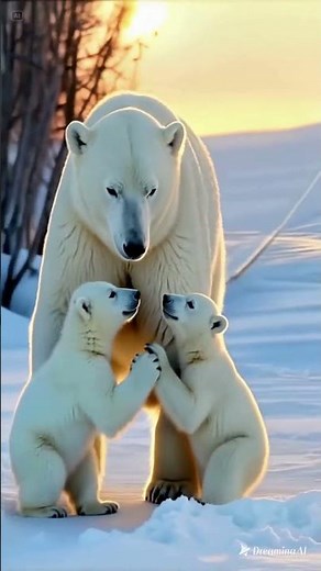 Mother Polar Bear & Newborn Triplets Journey in Snow