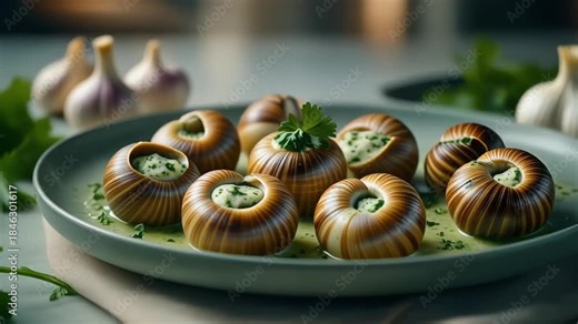 Delicious french escargots de bourgogne cooked with garlic and herbs served on a plate for a gourmet meal