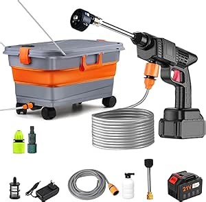 Cordless Pressure Washer with 5.5 Gal Collapsible Bucket, 300PSI Portable Electric Powered Washer, 6-in-1 Nozzle Car Battery Powered Pressure Washer Handheld for Car/Fence/Garden/Floor/Yards Cleaning