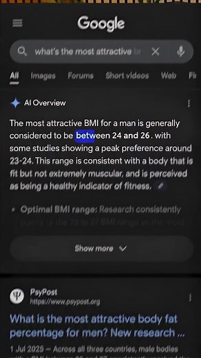 21 reactions | The most attractive BMI for men is 24–26. Longevity...
