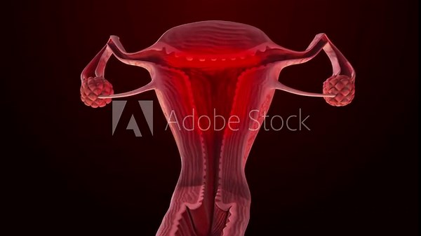 Medical illustration of the female reproductive system showing the uterus, ovaries and fallopian tubes. Useful for gynecology, anatomy and healthcare education.
