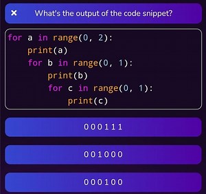 🧠 QUIZ PYTHON : BOUCLES IMBRIQUÉES ET SORTIES Question : Quelle est la sortie de ce snippet de code Python avec boucles imbriquées ? ```python for a in range(0, 2): print(a) for b in range(0, 1): print(b) for c in range(0, 1): print(c) ``` Options : A) 0 0 0 1 1 1 B) 0 0 1 0 0 0 C) 0 0 0 1 0 0 ⏱️ 25 secondes pour analyser ! 💬 Répondez en commentaire avec la lettre de votre choix une brève explication ! 🎯 Correction détaillée dans 24h avec visualisation du flux d'exécution. 🏆 Classement : 🥇 