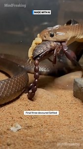 22K views · 110 reactions | The unstoppable King Cobra crashes the sand territory initiating the ultimate standoff against the Scorpion Queen. #kingcobra #scorpionqueen #desertclash #survivorstory #naturestandoff ⚙️ AI-generated nature dramatization — no real creatures involved. | MindFreaking | Facebook