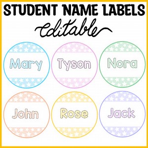 Printable Round Pastel Stars Student Name Tags, Editable Star Name Templates