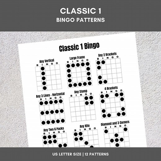 Printable Bingo Patterns | Classic 1 Bingo | 12 Fun Patterns | Party, Event, Classroom, Fundraiser, Family, Tournament, Game Board - Etsy