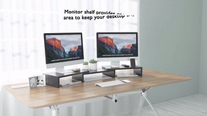 BONTEC Dual Monitor Stand Riser with Smartphone Holder, Adjustable Length & Swivel Angle, Ergonomic Wooden Desktop Organizer for PC Monitor, Laptop, Printer, Large Storage, Pink