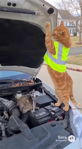 Fix car engine #cat #sora #funny #catvideo #cutecat